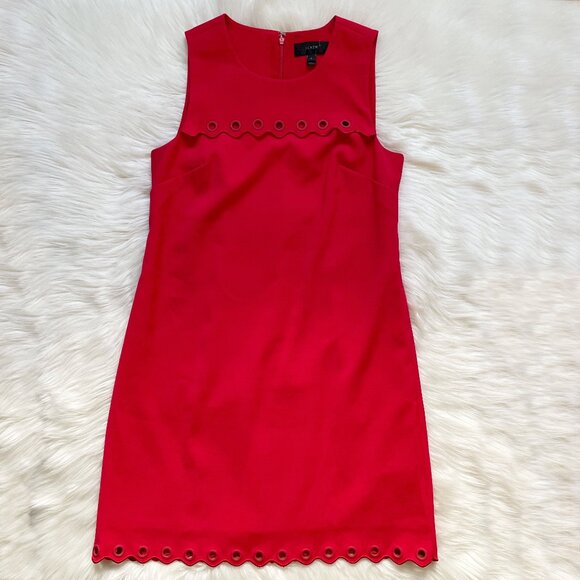 J Crew Bright Red Scallop Grommet Hem Sleeveless Mini Shift Dress - Picture 2 of 8